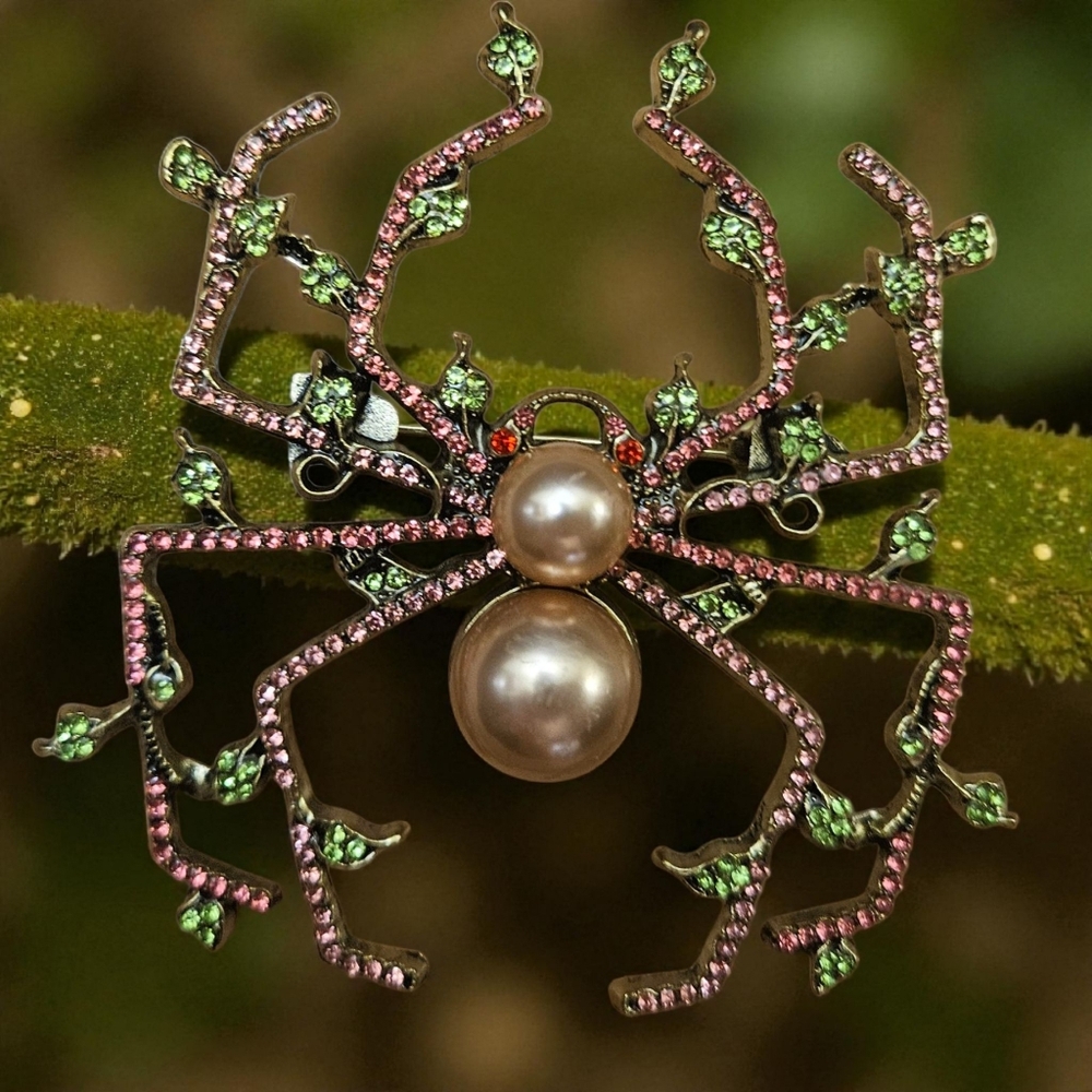 Heidi Daus Inspired Silver Pink Spider Brooch Large 4 inches